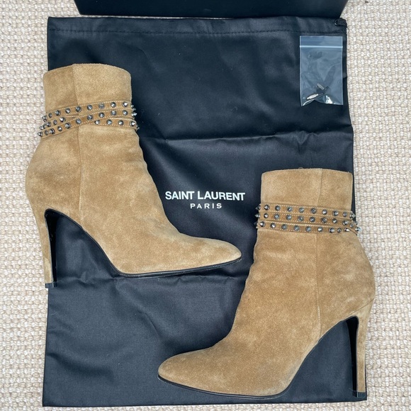Authentic Saint Laurent Women Tan Suede Ankle Boot with silver spikes size:37.5 - Picture 4 of 12